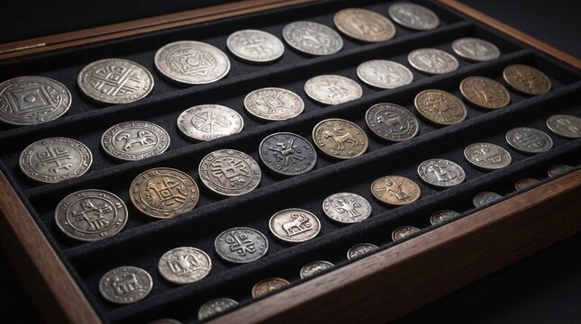 Collection of Antique Coins in Wooden Display Case