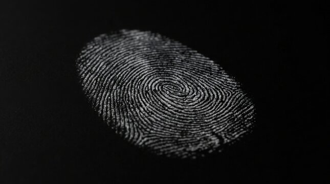 Close up of a white fingerprint pattern on a black background representing identity security and uniqueness