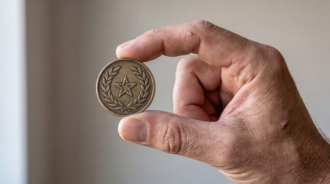 Hand holding antique coin with star and wreath motif