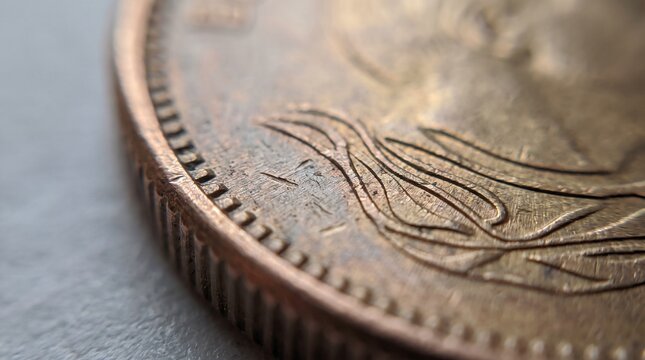 Macro extreme close-up of old copper coin texture and details