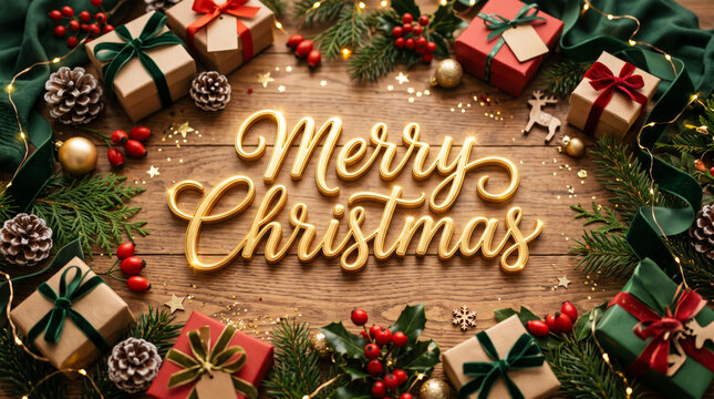 クリスマスツリーの背景とリボン付きの華やかなフォトフレームとメリークリスマスの文字 シリーズ