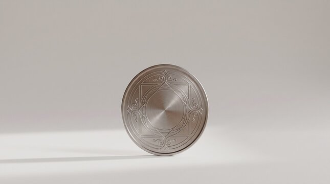 Silver Coin with Ornate Design on White Background