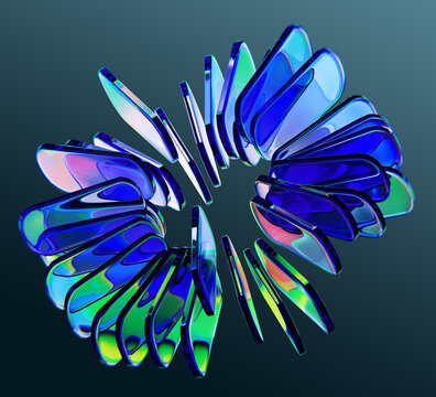 Radial glass circle lines with vibrant blue and green iridescent transparent plates in abstract spiral ring on dark 3d render background. Modern futuristic crystal design element. 3D illustration
