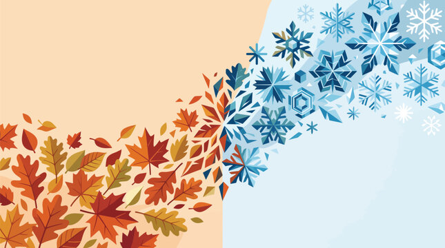 Autumn and winter transition vector graphic illustration featuring colorful warm falling leaves transforming into cold blue frozen snowflakes on a textured seasonal background