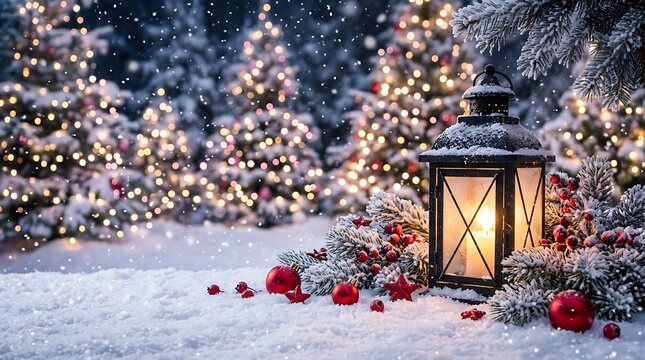 A glowing Christmas lantern surrounded by festive ornaments and snow in a magical forest setting