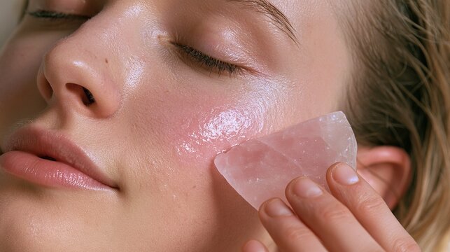 Woman gently massaging her face with a pink crystal, showcasing skincare ritual, beauty concept, wellness, and a fresh complexion