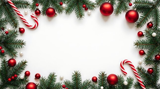 Christmas border frame made of pine branches red ornaments and candy canes with copy space