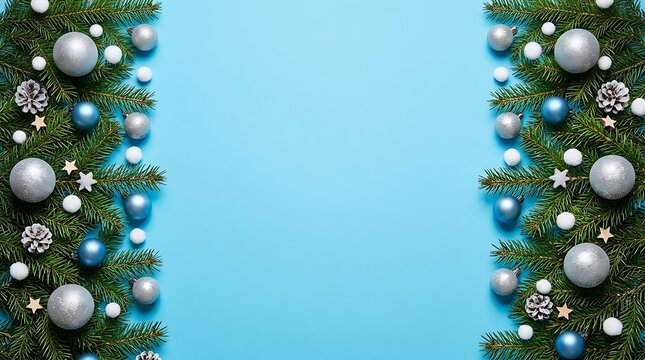 Christmas border made of fir branches with silver and blue ornaments on light blue background
