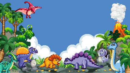 Cartoon Dinosaurs in Prehistoric Jungle Landscape with Volcano Background © GraphicsRF