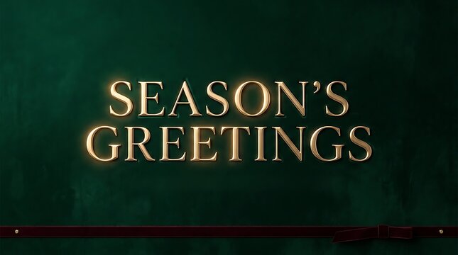 Elegant gold metallic seasons greetings text on a dark green textured holiday background with ribbon