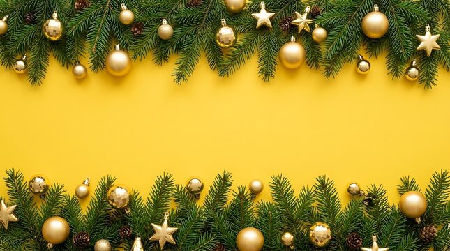 Festive christmas border made of green fir branches and gold ornaments on a bright yellow background with central copy space