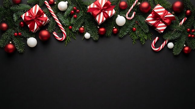 Flat lay christmas background with gift boxes and pine branches on black surface