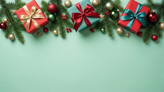 Flat lay christmas background with gift boxes and festive decorations on green surface