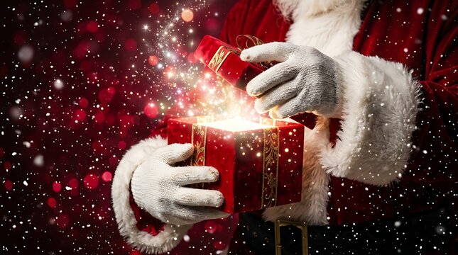 Santa Claus opening a magical glowing red Christmas gift box under falling snow