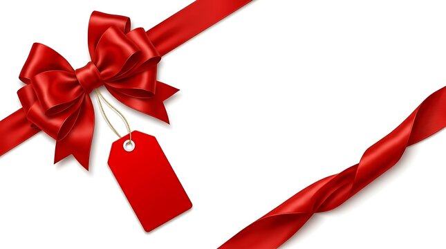 Shiny red satin ribbon bow with diagonal crossing ribbons and blank merchandise price tag isolated on white background