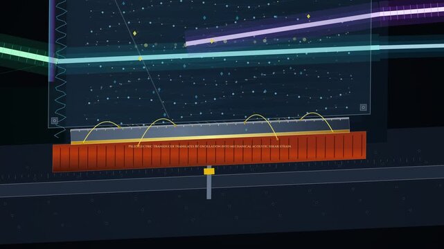 3D animation illustrating acousto-optic modulator wave physics with a piezoelectric transducer translating RF oscillation into acoustic strain and coherent laser diffraction at the Bragg angle