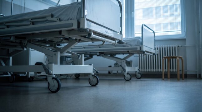 Empty hospital beds in a clinical ward room with natural window light