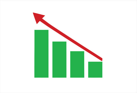 Declining bar graph with red arrow showing downward trend and negative performance
