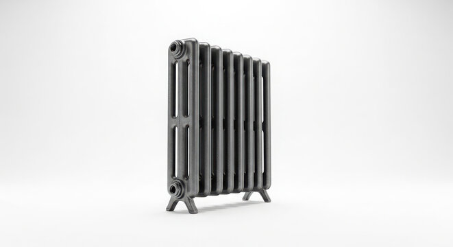 Vintage metal radiator standing isolated on white background showing detailed ribbed texture in soft bright studio lighting for home interior