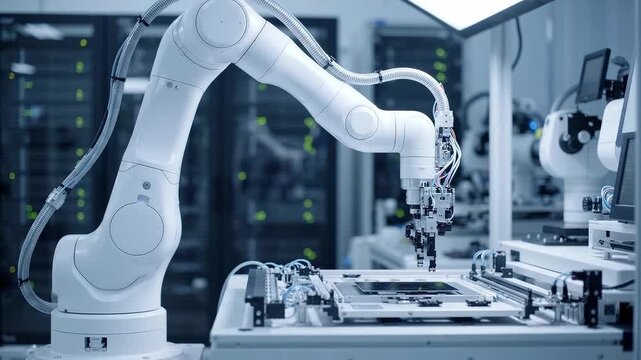 Industrial robotic arm handling circuit boards on an automated electronics assembly line. Smart manufacturing and factory automation. Robotics, precision engineering and electronics