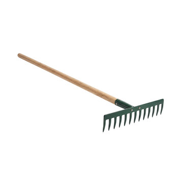 ​Garden rake tool with wooden handle isolated on white background