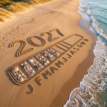 2027 new year progress loading bar drawn in sandy beach, golden sand ocean shore background, annual timeline concept for future planning
