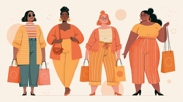 Diverse women carrying shopping bags in a fashion illustration celebrating body diversity and inclusive retail