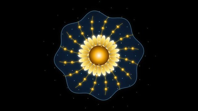 Abstract geometric floral pattern blooming with golden light against dark background