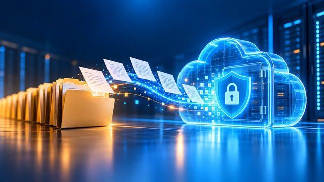 Secure cloud computing data transfer with glowing digital folders and shield symbol for information privacy