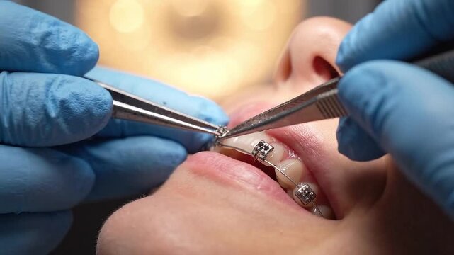 Dental specialist adjusting orthodontic wire on metal braces with precision tweezers. Orthodontic treatment and teeth straightening. Dental care and oral health. Close-up clinical procedure.