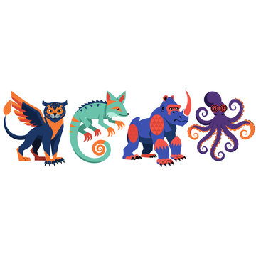 Collection of stylized geometric hybrid animals and mythical creatures vector illustrations featuring a winged cat, chameleon, rhino gorilla, and octopus isolated on white background for mascot logo d
