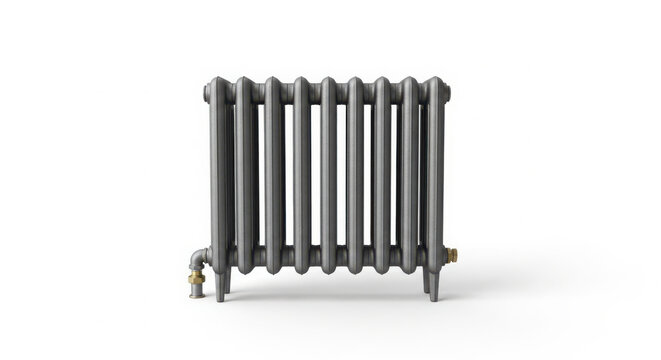 Vintage cast iron home heating radiator isolated on white background showing metallic texture and detailed industrial design style professional photography