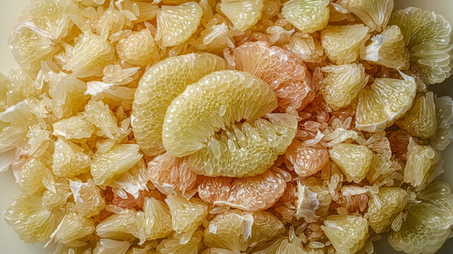 Fresh Peeled Pomelo Texture Background, Pomelo Segments and Juice Sacs Macro Top View