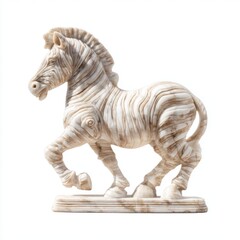 Obraz premium Intricate Carved Marble Zebra Statue Standing On Pedestal Against Plain White Background