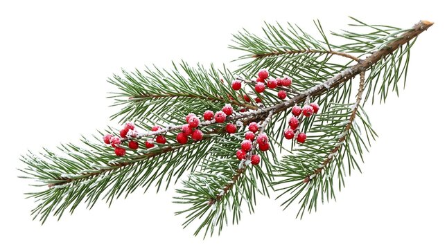 Pine branch with frosted red berries during winter on white background macro detail
