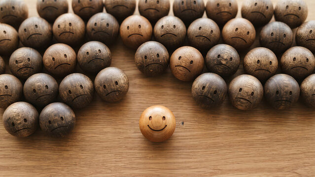 One bright wooden smiling face sphere standing out from a large group of sad and unhappy faces representing positivity and unique mindset