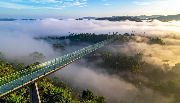 Aerial view of a long glass skywalk bridge extending over a lush misty valley at sunrise with mountain landscape
