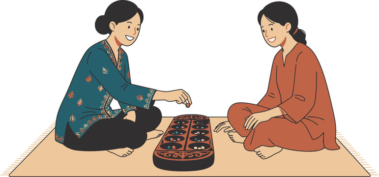 A flat vector illustration of two southeast asian women sitting on a mat playing a traditional congkak mancala board game
