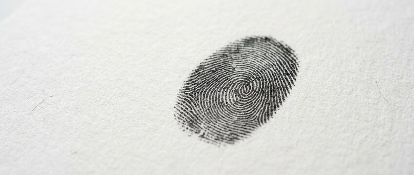 Close up of a black fingerprint impression on a textured white paper background macro detail of unique human identity