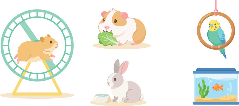 A flat vector illustration set of domestic pets including a hamster on a wheel guinea pig rabbit parakeet and goldfish aquarium