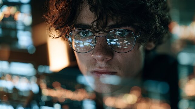 Young man wearing glasses looks directly ahead, blurred background suggesting thoughtful introspection, concept for portrait photography