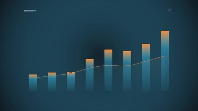 Dynamic 3D bar chart animation with a growing trend line representing data analysis and business growth
