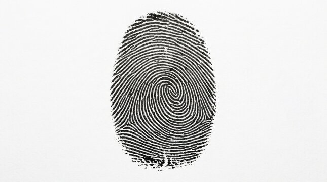 Close up of a black fingerprint on a white background representing identity and individuality