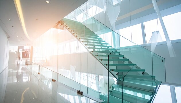 Modern minimalist staircase with glass banister in a brightly lit office atrium glass railing modern interior