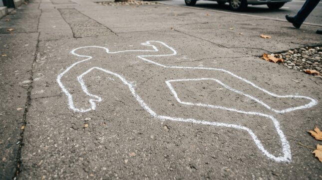 Chalk outline of a body on asphalt pavement crime scene investigation forensic evidence outdoor urban setting