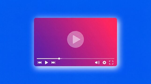 A digital video player interface with a gradient background displayed on a blue screen with interface control buttons buttons progress bar sits