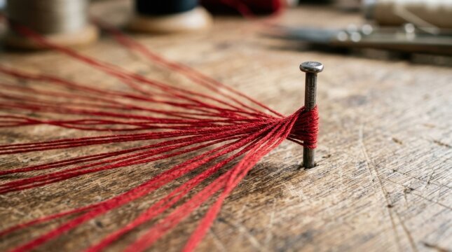 Close up macro shot of red threads wrapped around a metal nail on a rustic wooden surface with spools in the background