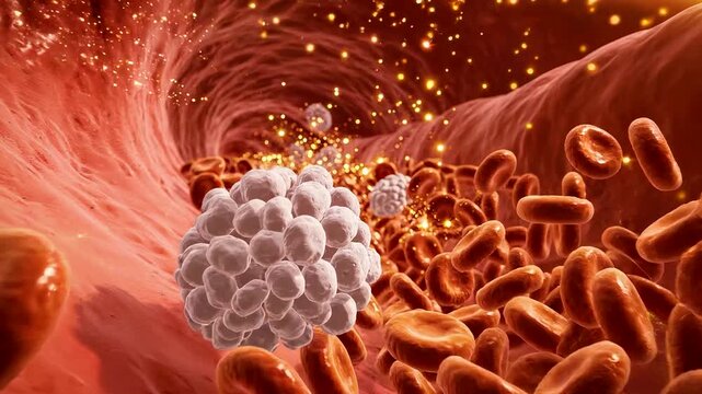 3d render of red and white blood cells flowing through a human blood vessel with glowing particles