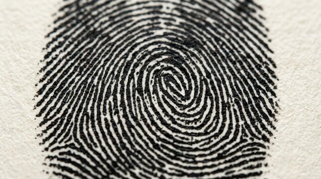 Close up macro shot of a black fingerprint pattern on a white textured background abstract identity concept