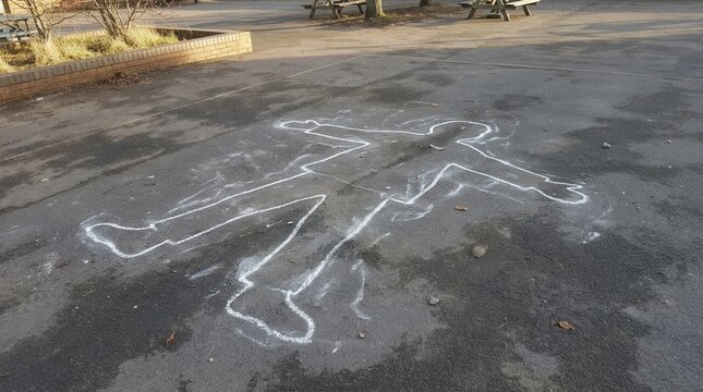 Chalk outline of a human body on asphalt suggesting a crime scene or playful chalk art outdoors